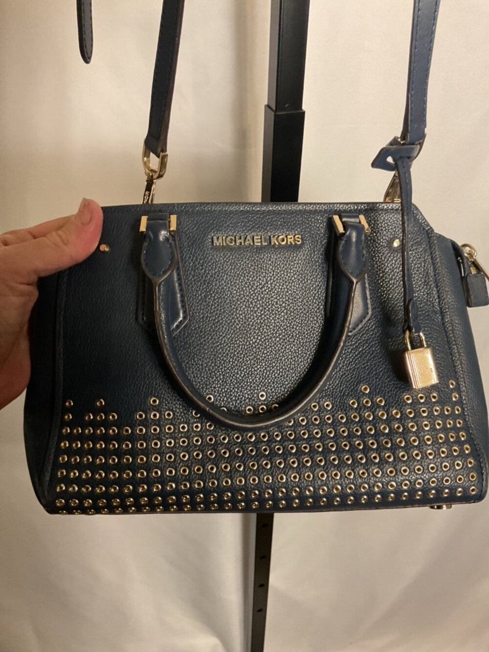 Michael Kors Navy Studded Leather Satchel Crossbody Gold Hardware - Picture 3 of 8